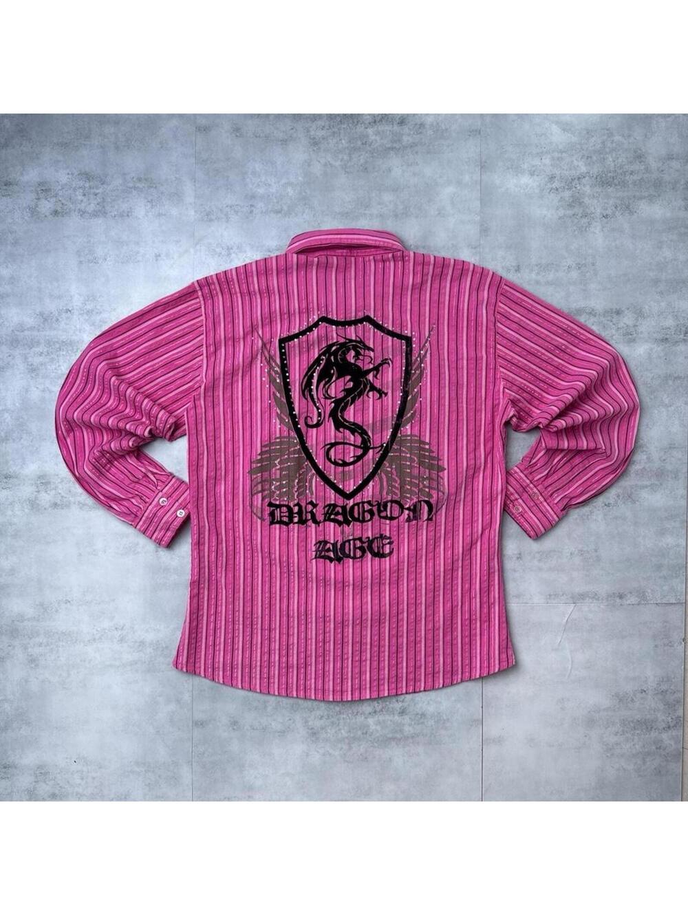 Y2K Dragon Age Pink Affliction 00s Striped Button Up Shirt